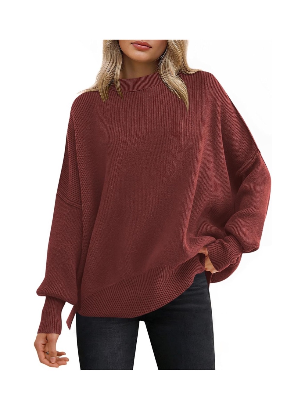 Oversized Crewneck Sweater in Rust Red
